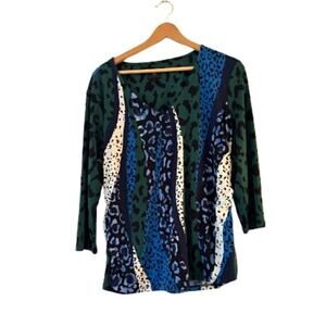 JM Collection Womens Petite Mixed-Print Ruched Top Size PL Blue Multi 3/4 Sleeve